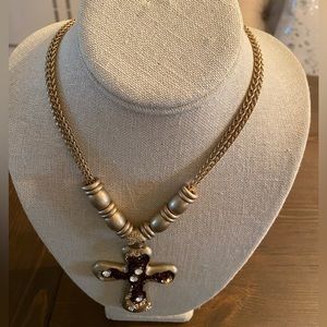 Fashion Cross Necklace with Brushed Gold Chain & Beads
